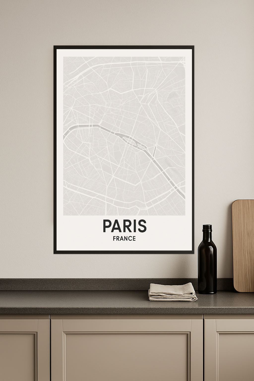Minimalist gray map of Paris with bold 'PARIS' text.- kuchnia