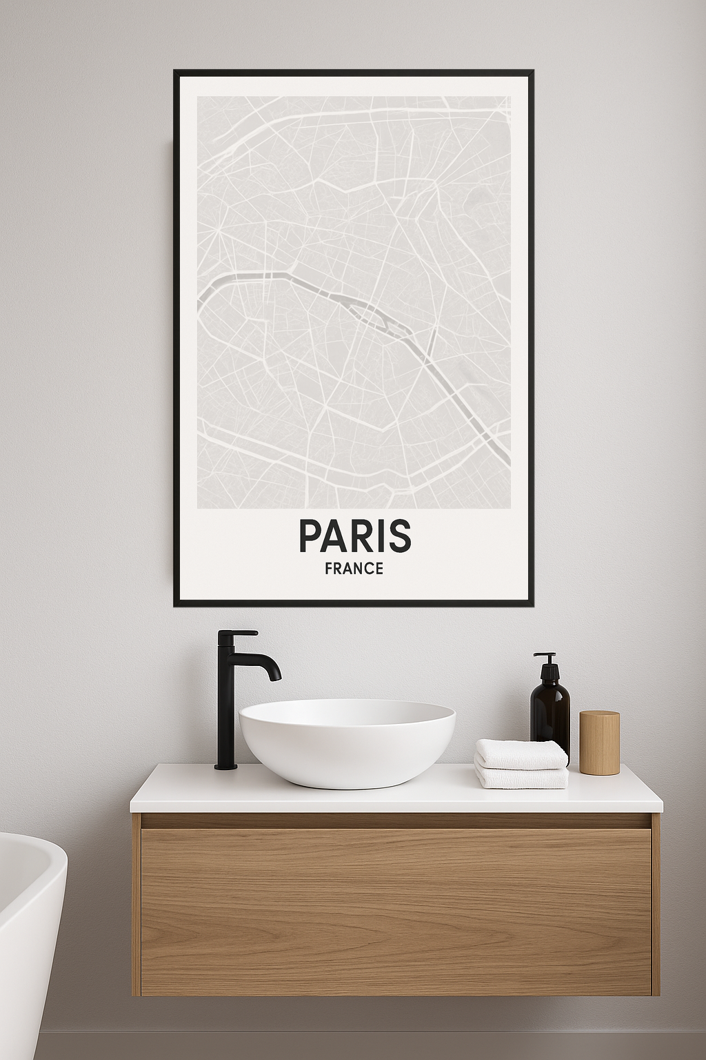 Minimalist gray map of Paris with bold 'PARIS' text.- lazienka
