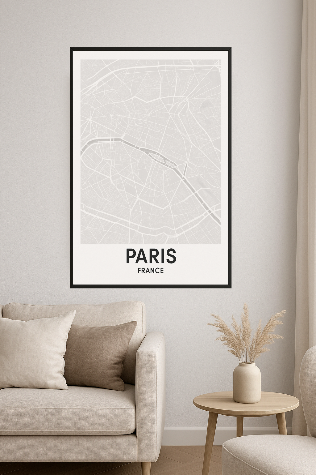 Minimalist gray map of Paris with bold 'PARIS' text.- salon