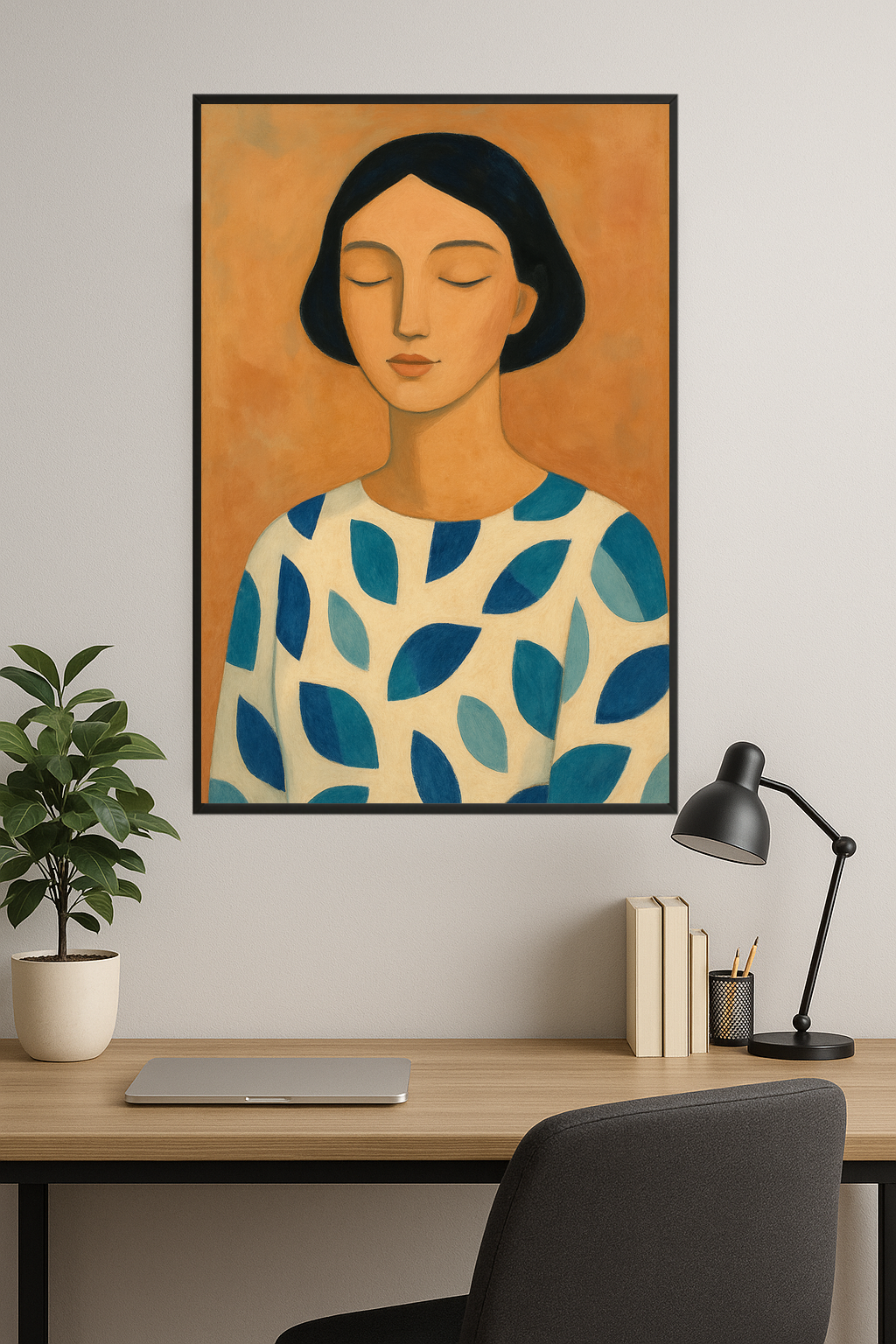 Stylized portrait of a serene woman in a white top with blue shapes.- gabinet