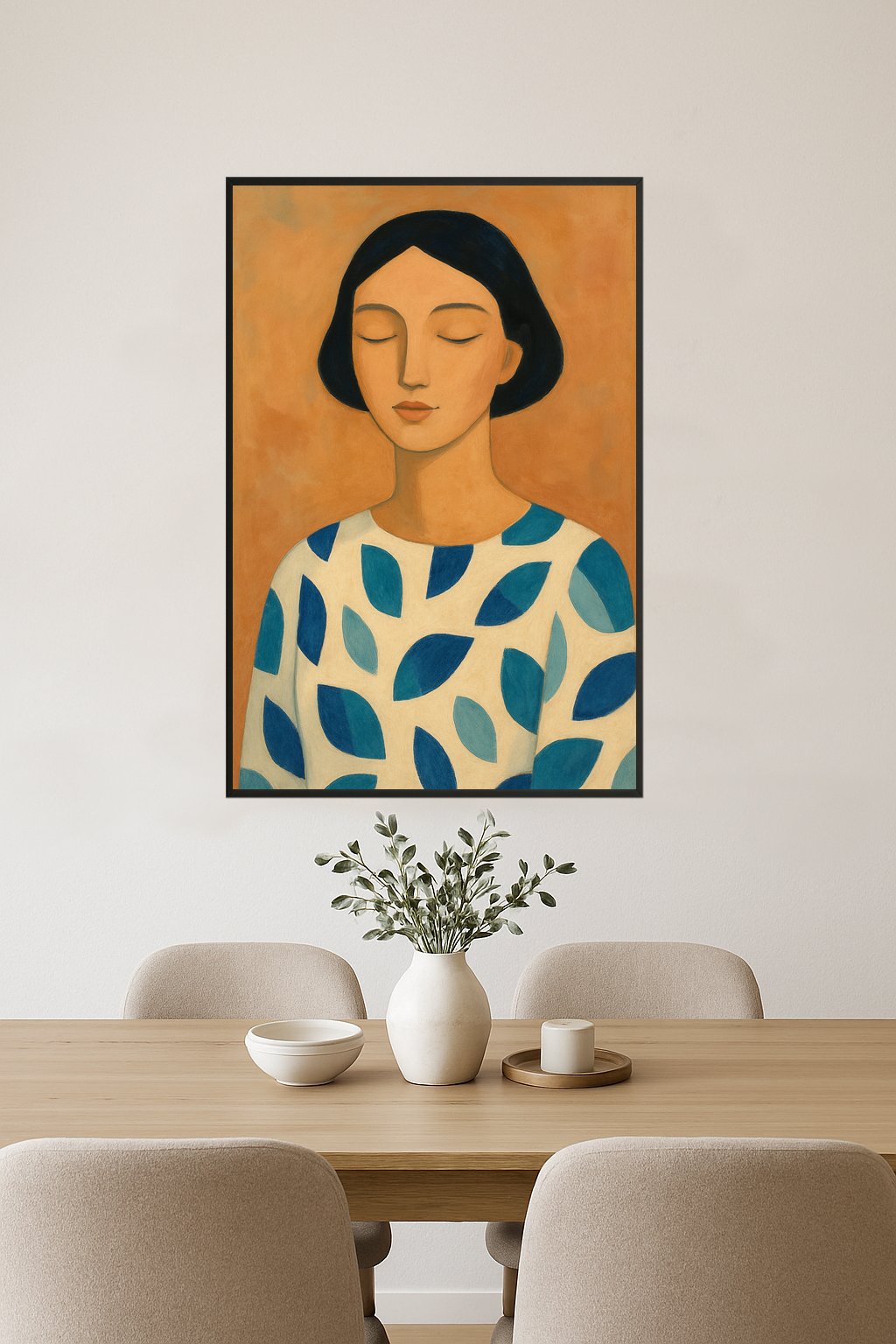 Stylized portrait of a serene woman in a white top with blue shapes.- jadalnia