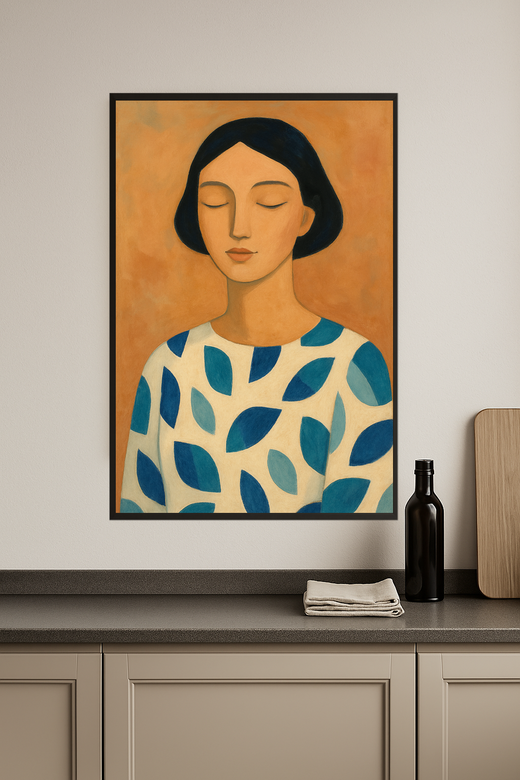 Stylized portrait of a serene woman in a white top with blue shapes.- kuchnia