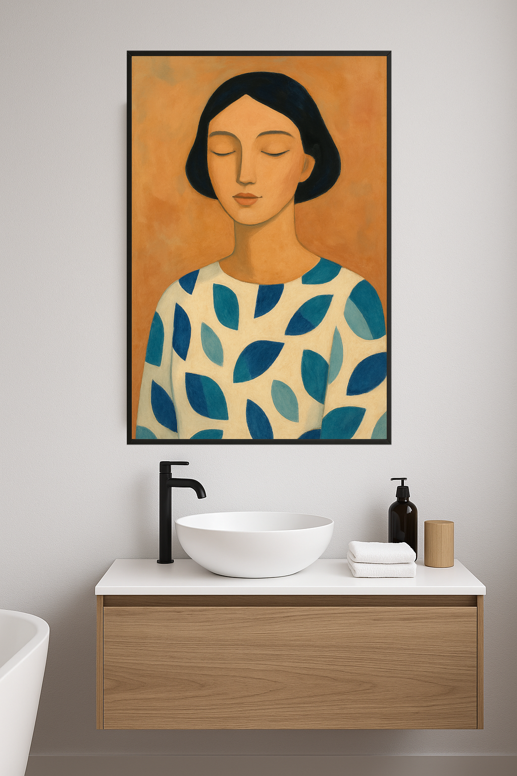 Stylized portrait of a serene woman in a white top with blue shapes.- lazienka