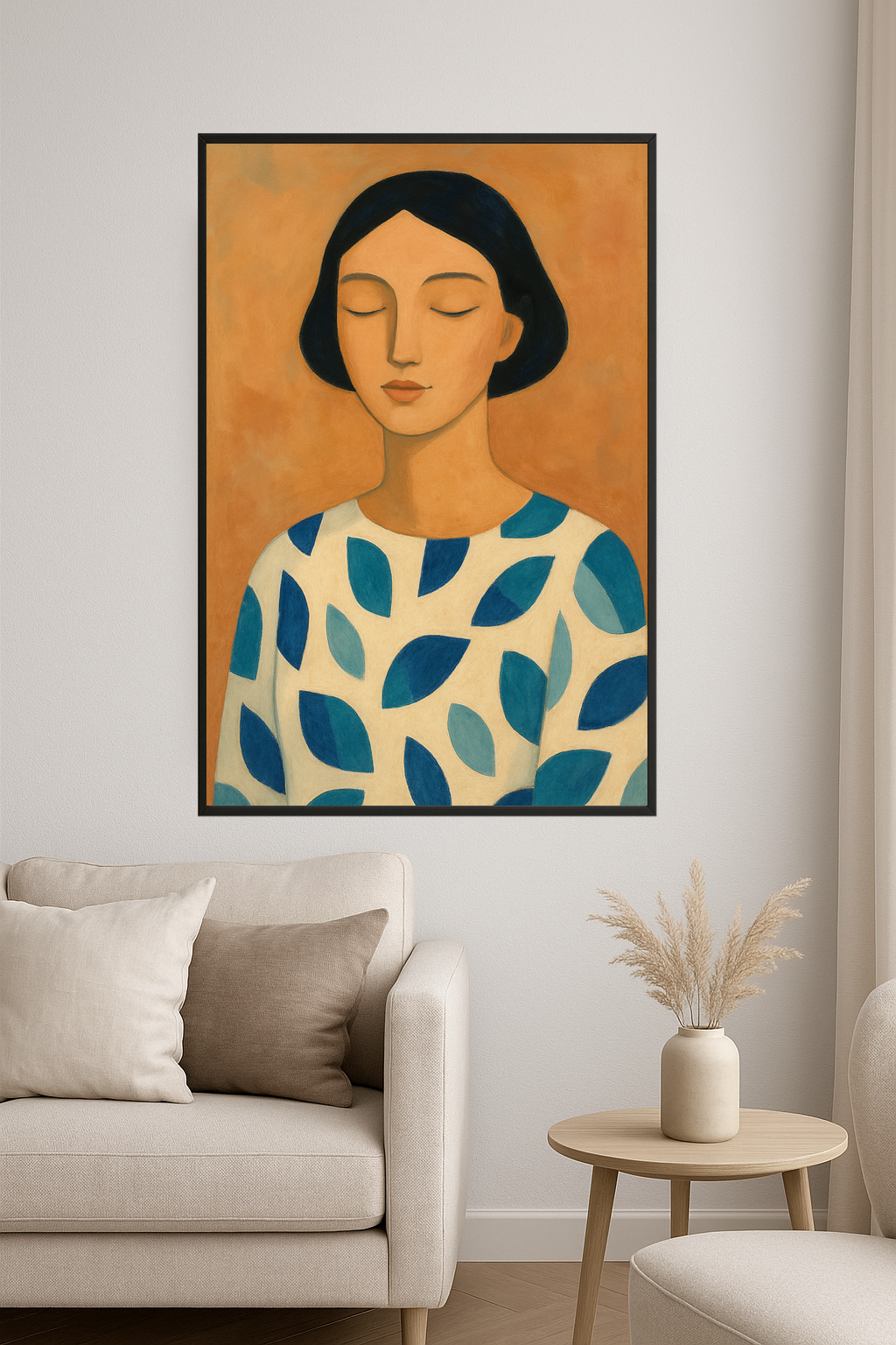 Stylized portrait of a serene woman in a white top with blue shapes.- salon