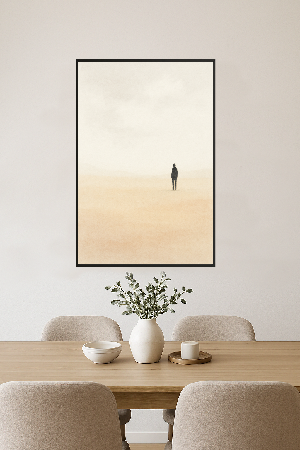 Minimalist landscape with a solitary figure in soft colors.- jadalnia