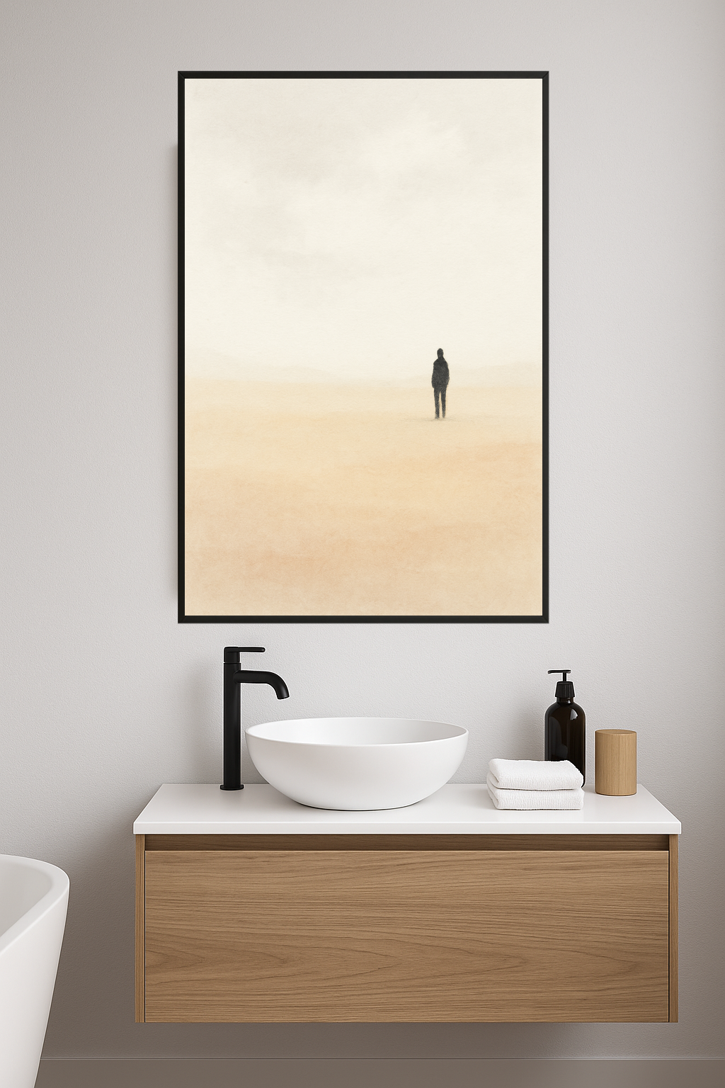 Minimalist landscape with a solitary figure in soft colors.- lazienka