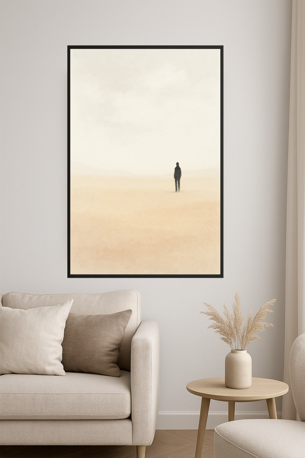 Minimalist landscape with a solitary figure in soft colors.- salon