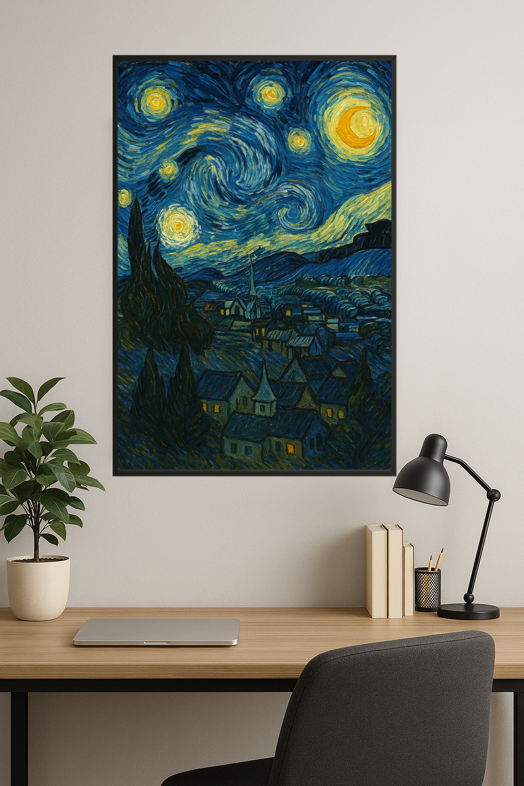 Swirling night sky with stars and a village below.- gabinet