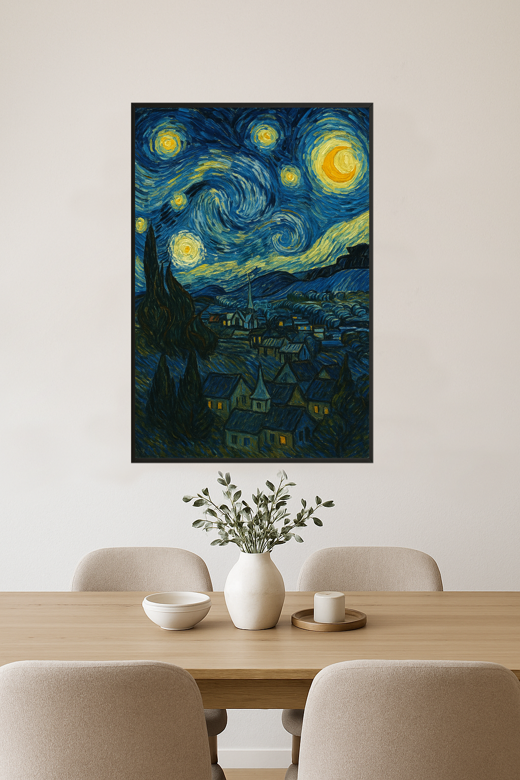 Swirling night sky with stars and a village below.- jadalnia