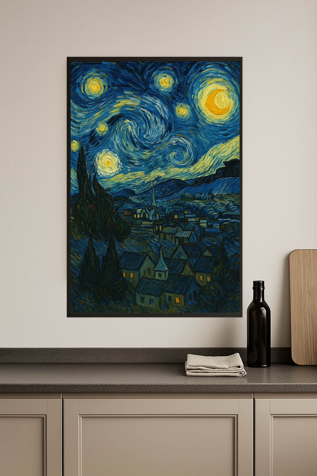 Swirling night sky with stars and a village below.- kuchnia