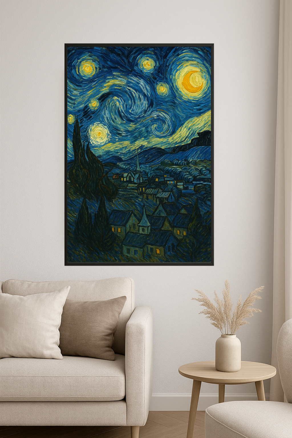 Swirling night sky with stars and a village below.- salon