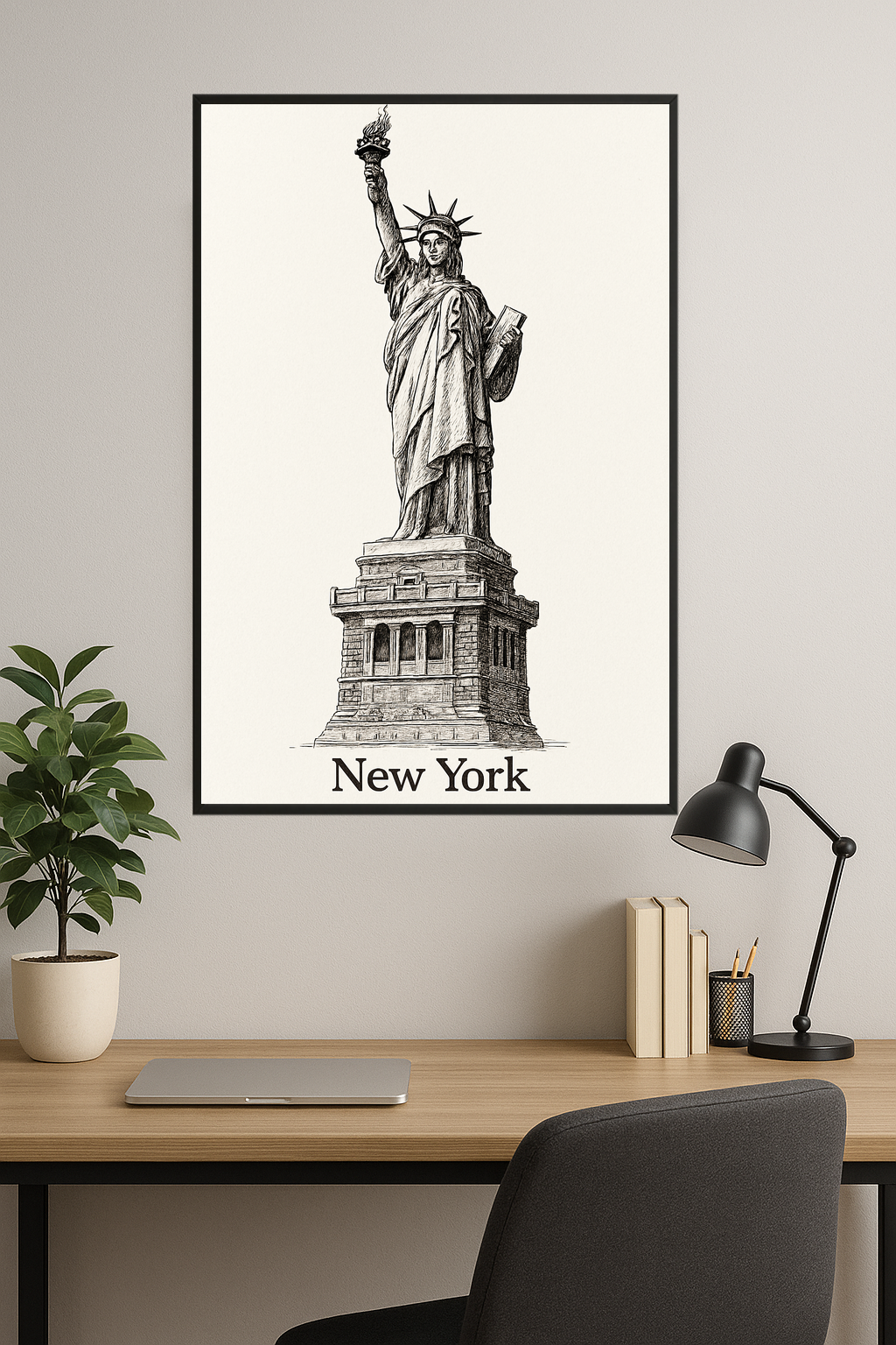 Sketch of the Statue of Liberty with 'New York' text below.- gabinet