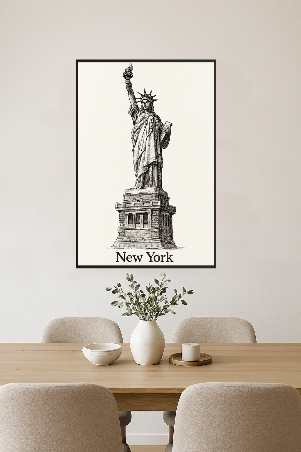 Sketch of the Statue of Liberty with 'New York' text below.- jadalnia
