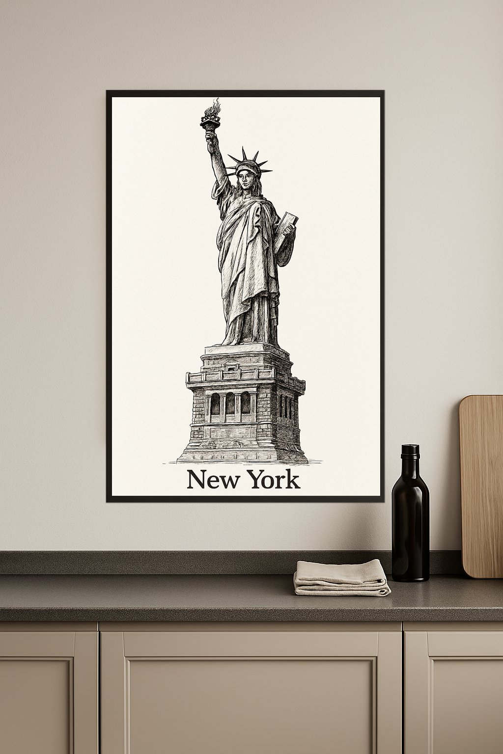 Sketch of the Statue of Liberty with 'New York' text below.- kuchnia