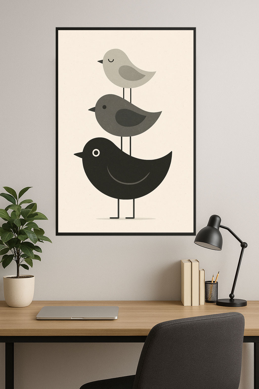 Three stylized birds in gray and black, stacked vertically.- gabinet