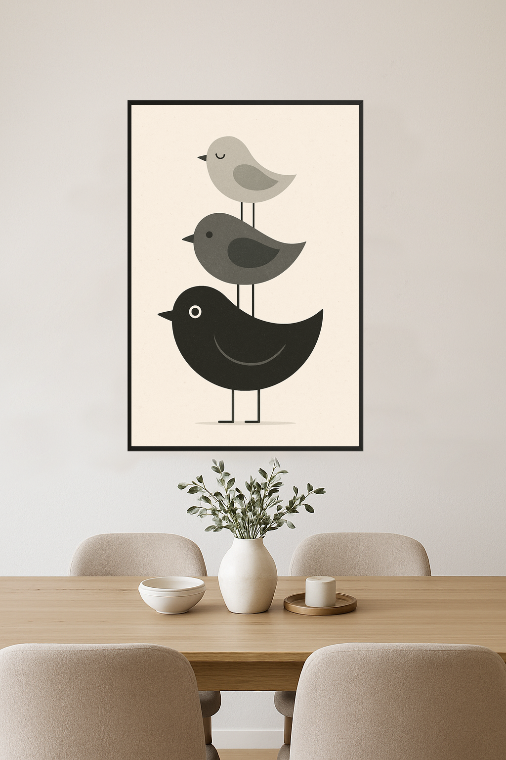 Three stylized birds in gray and black, stacked vertically.- jadalnia