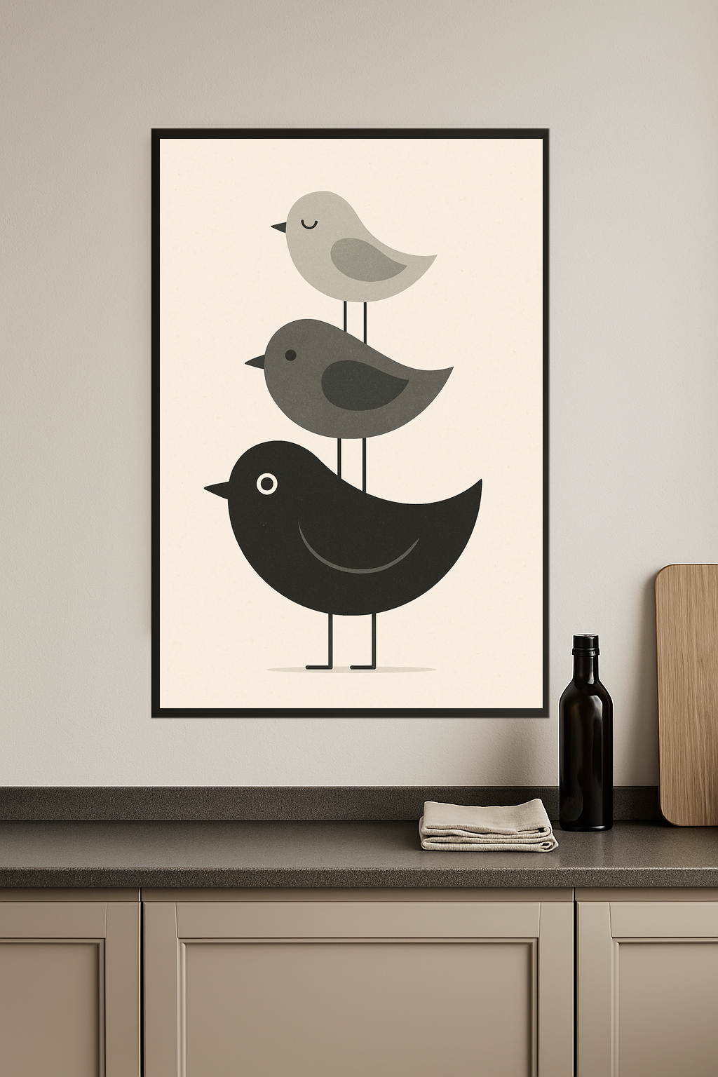 Three stylized birds in gray and black, stacked vertically.- kuchnia