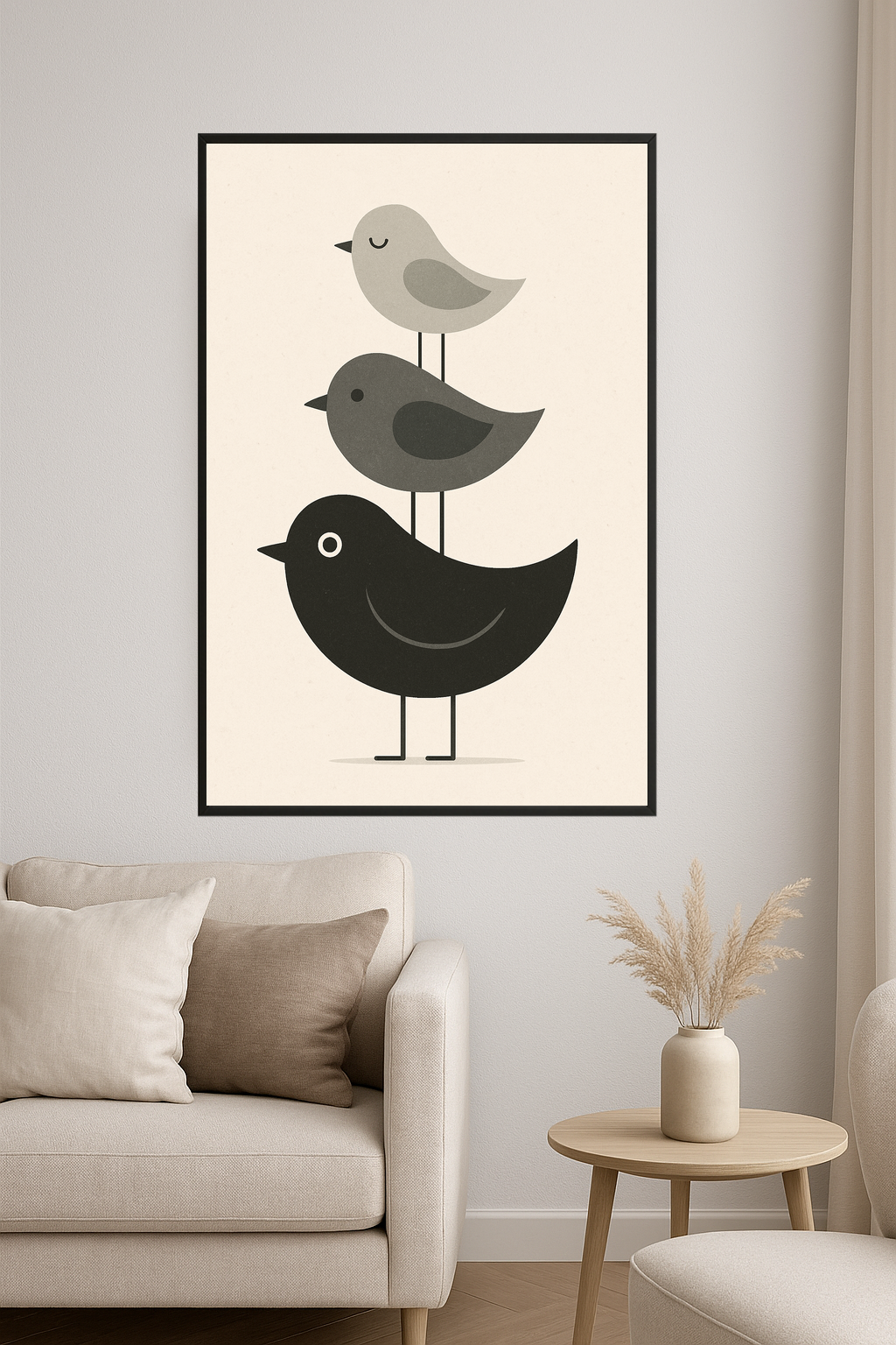 Three stylized birds in gray and black, stacked vertically.- salon