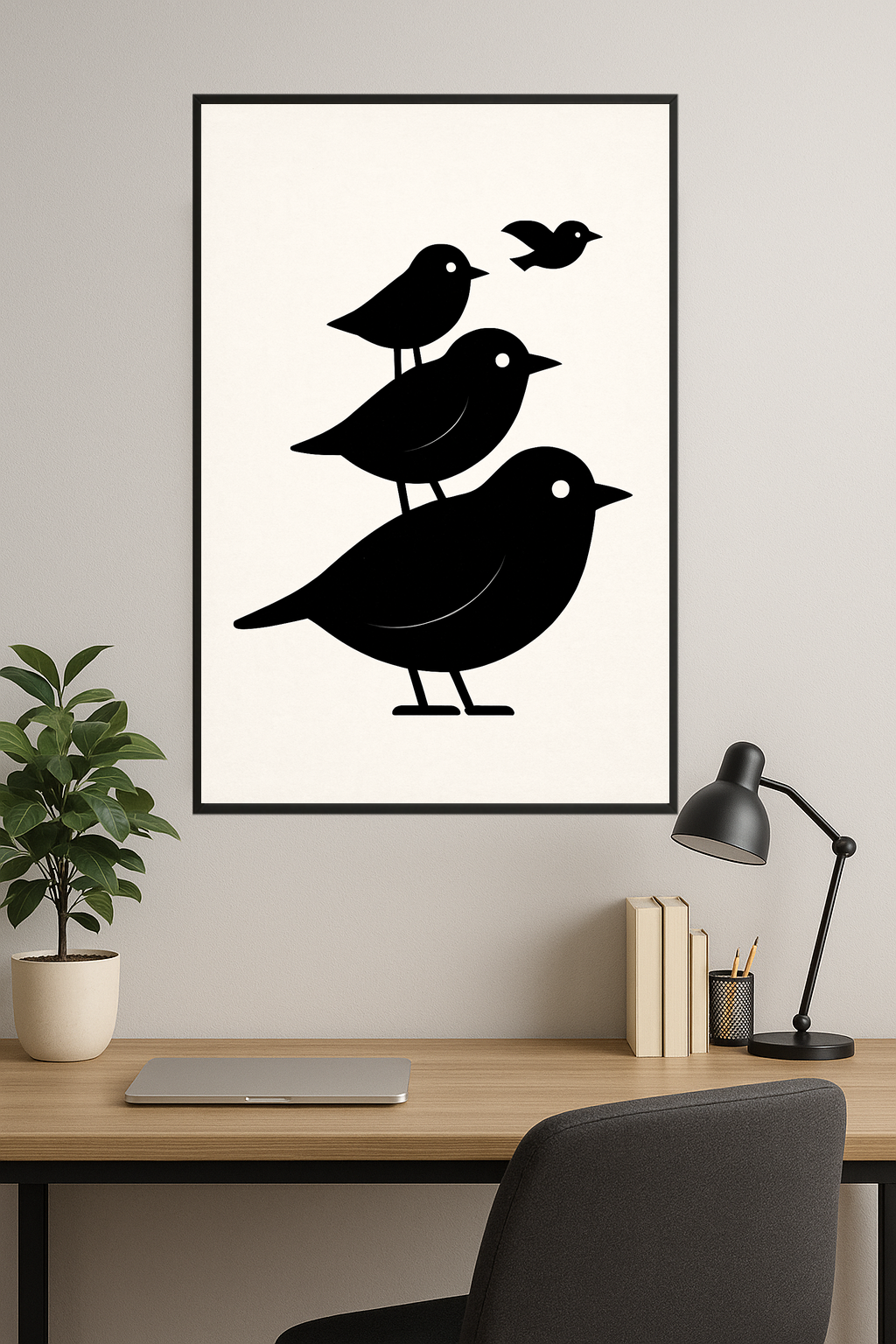 Four black silhouette birds in varying sizes, with one flying above.- gabinet