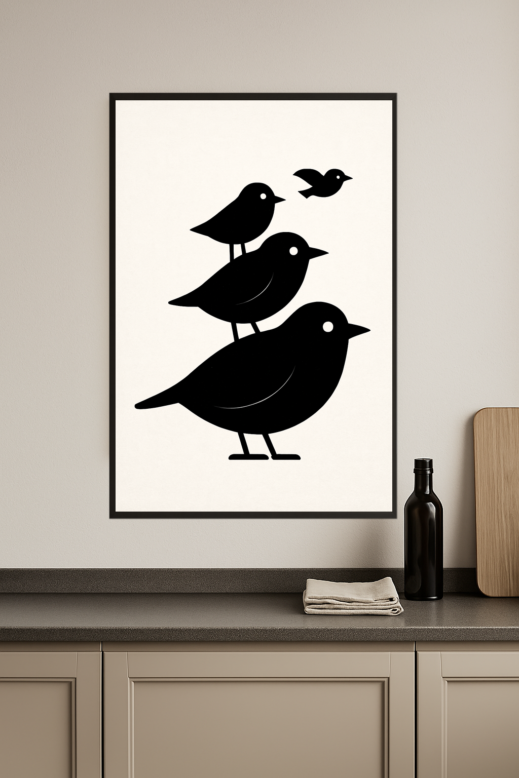Four black silhouette birds in varying sizes, with one flying above.- kuchnia
