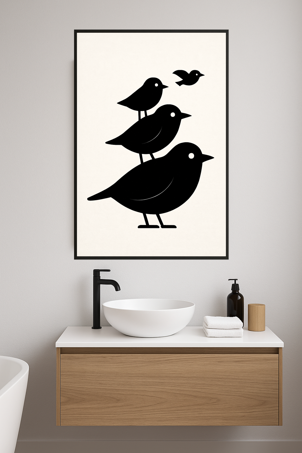 Four black silhouette birds in varying sizes, with one flying above.- lazienka
