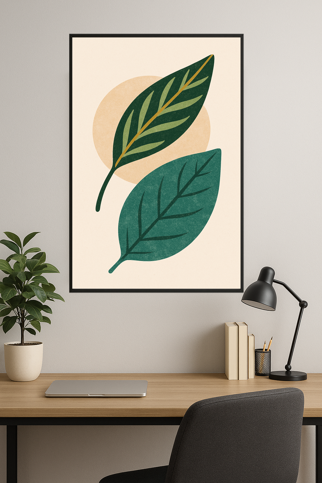 Stylized teal and green leaves with a beige background.- gabinet