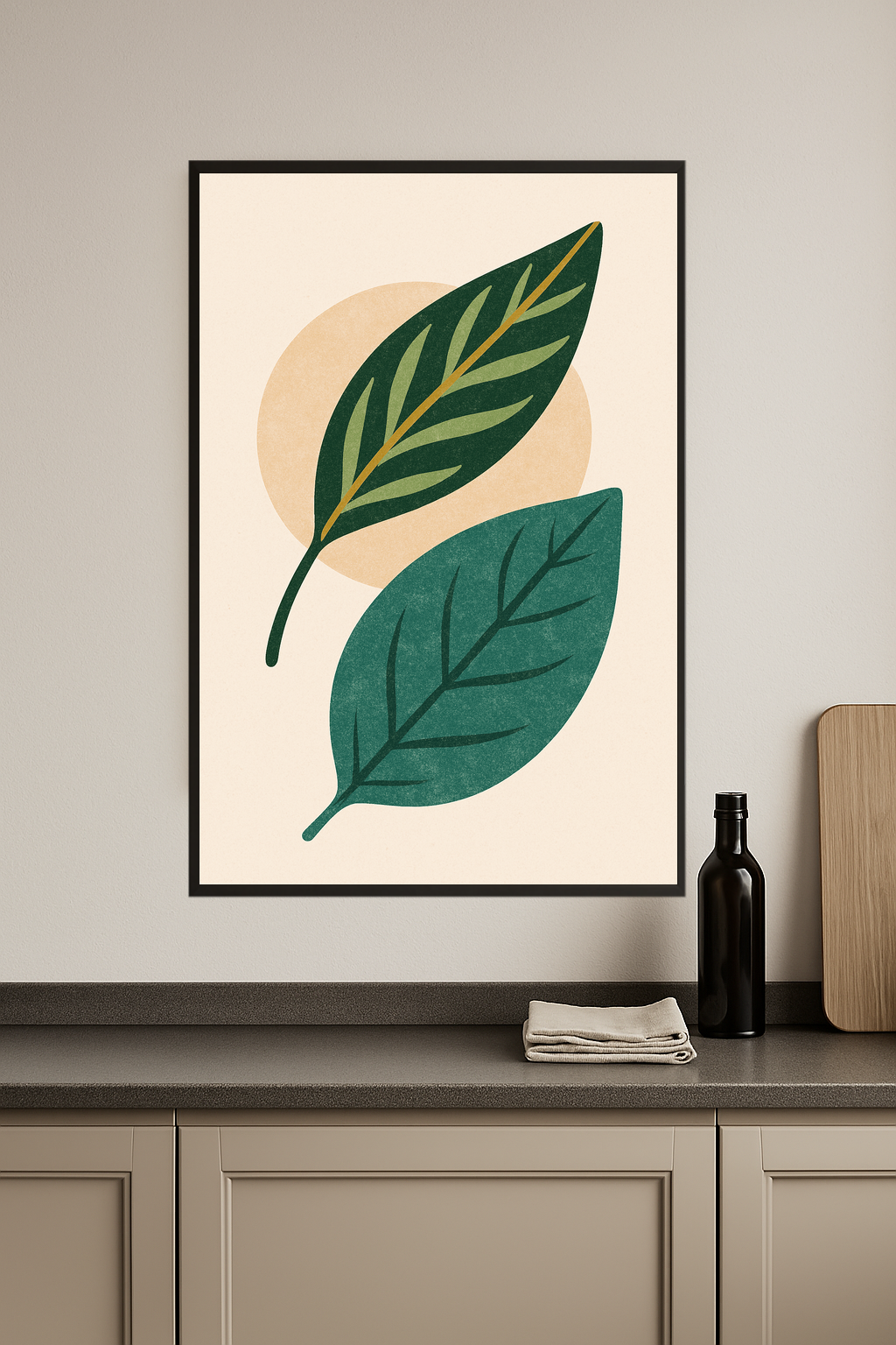 Stylized teal and green leaves with a beige background.- kuchnia
