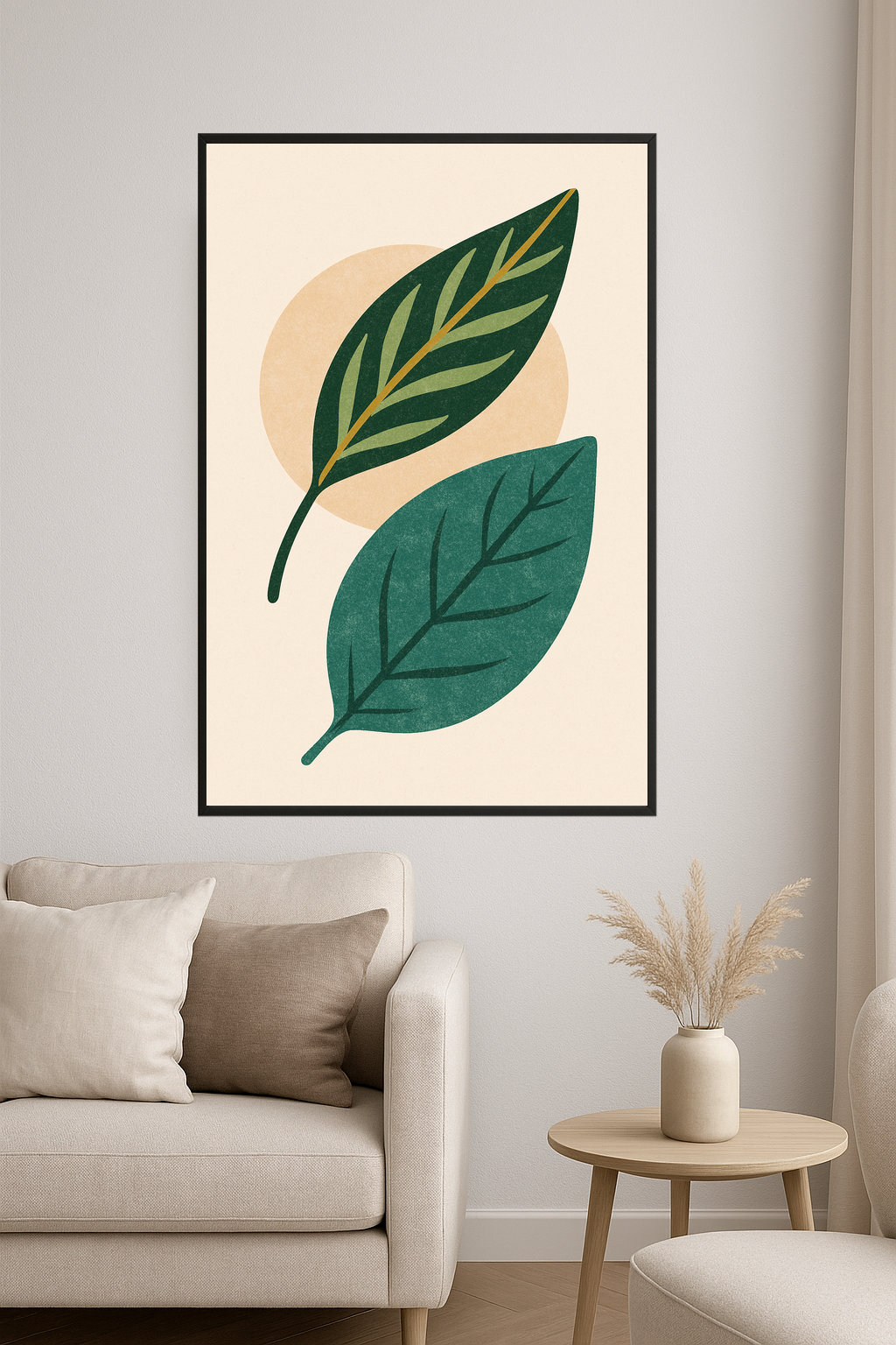 Stylized teal and green leaves with a beige background.- salon