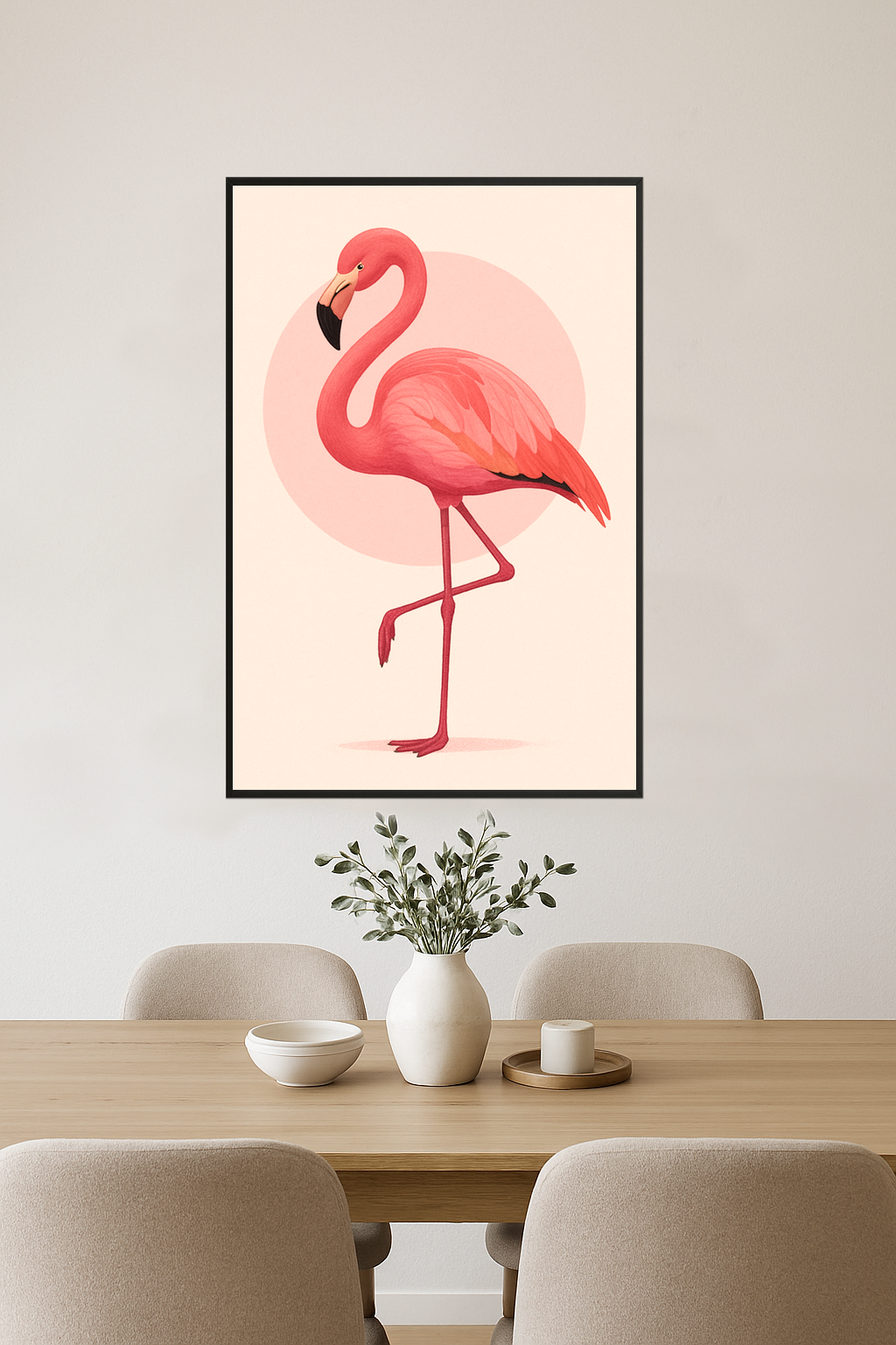 Stylized pink flamingo standing on one leg against a soft pink circle.- jadalnia
