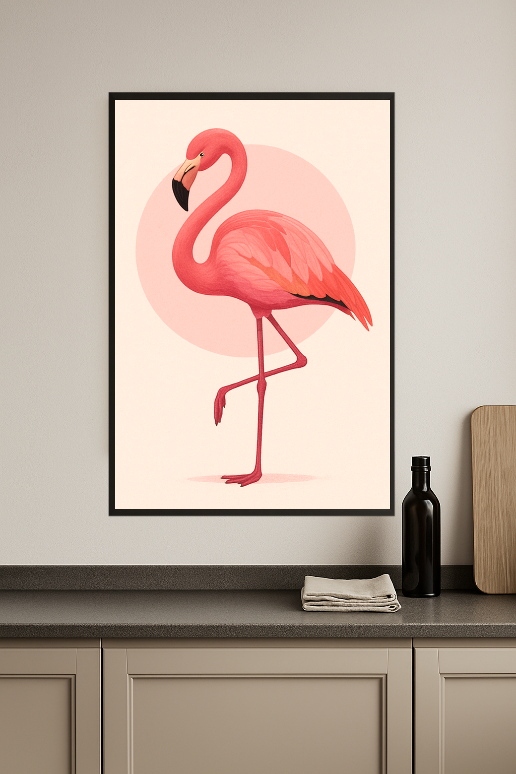 Stylized pink flamingo standing on one leg against a soft pink circle.- kuchnia