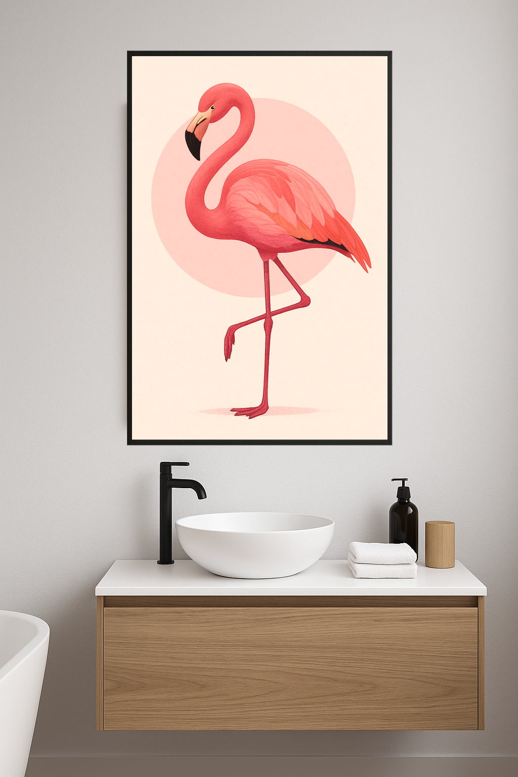 Stylized pink flamingo standing on one leg against a soft pink circle.- lazienka