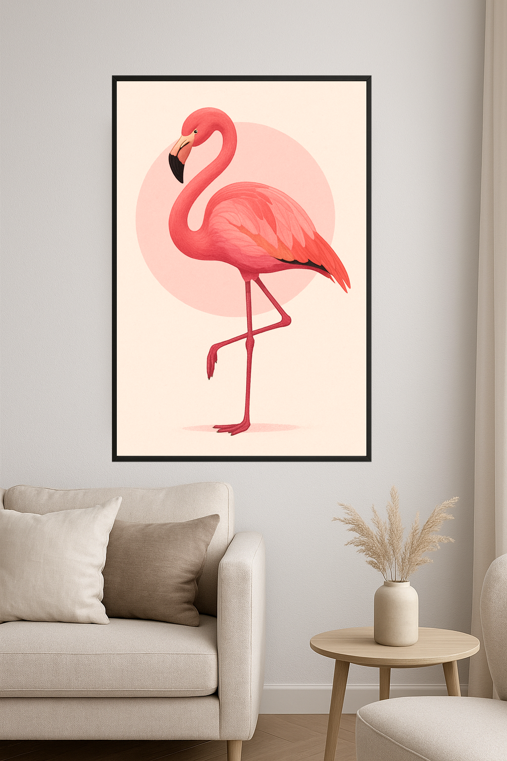 Stylized pink flamingo standing on one leg against a soft pink circle.- salon