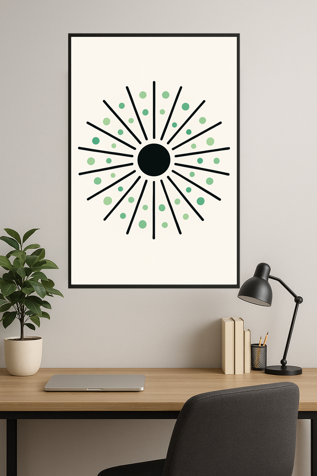 Black sunburst design with green dots on a light background.- gabinet