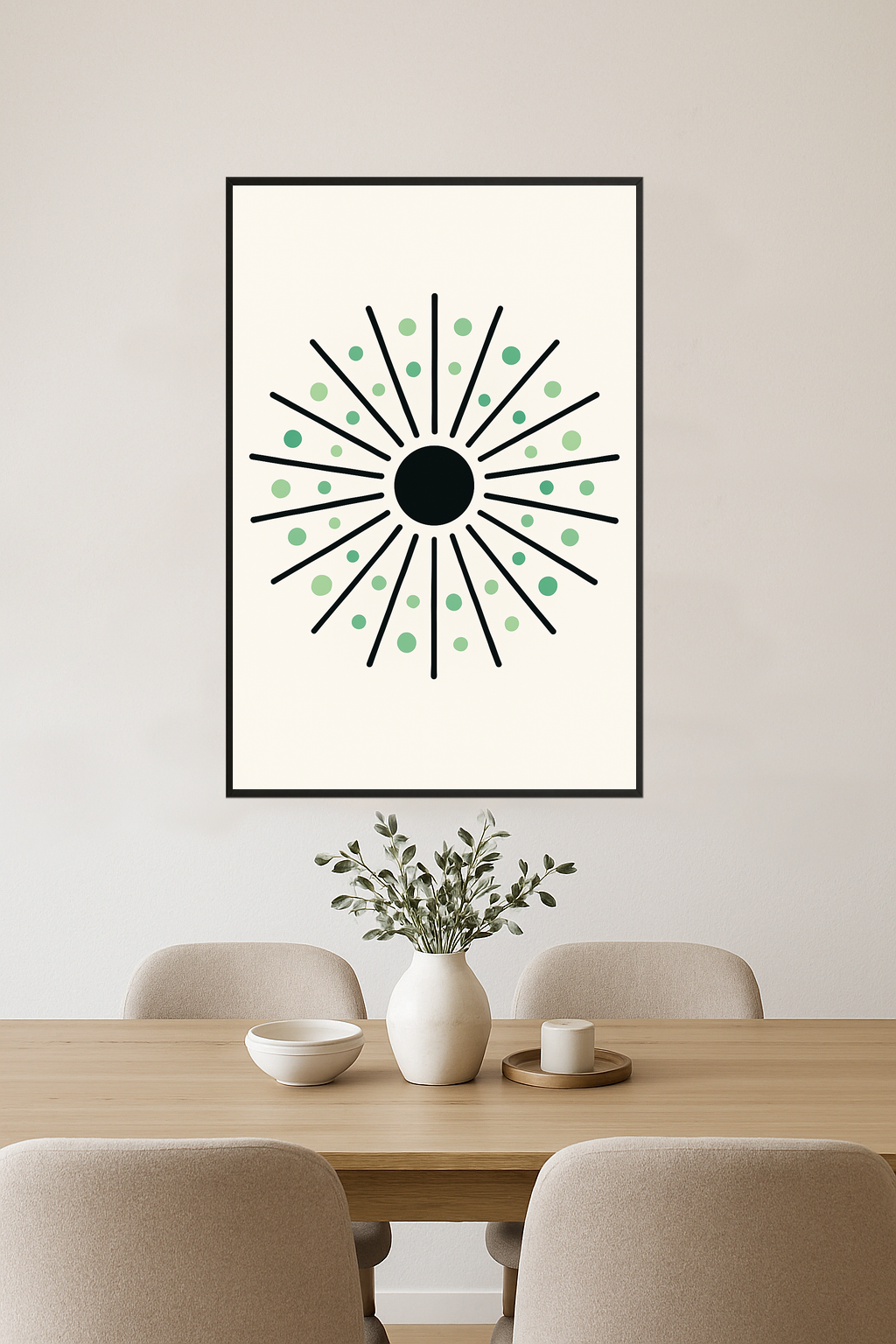 Black sunburst design with green dots on a light background.- jadalnia