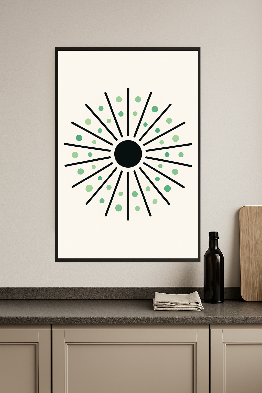 Black sunburst design with green dots on a light background.- kuchnia