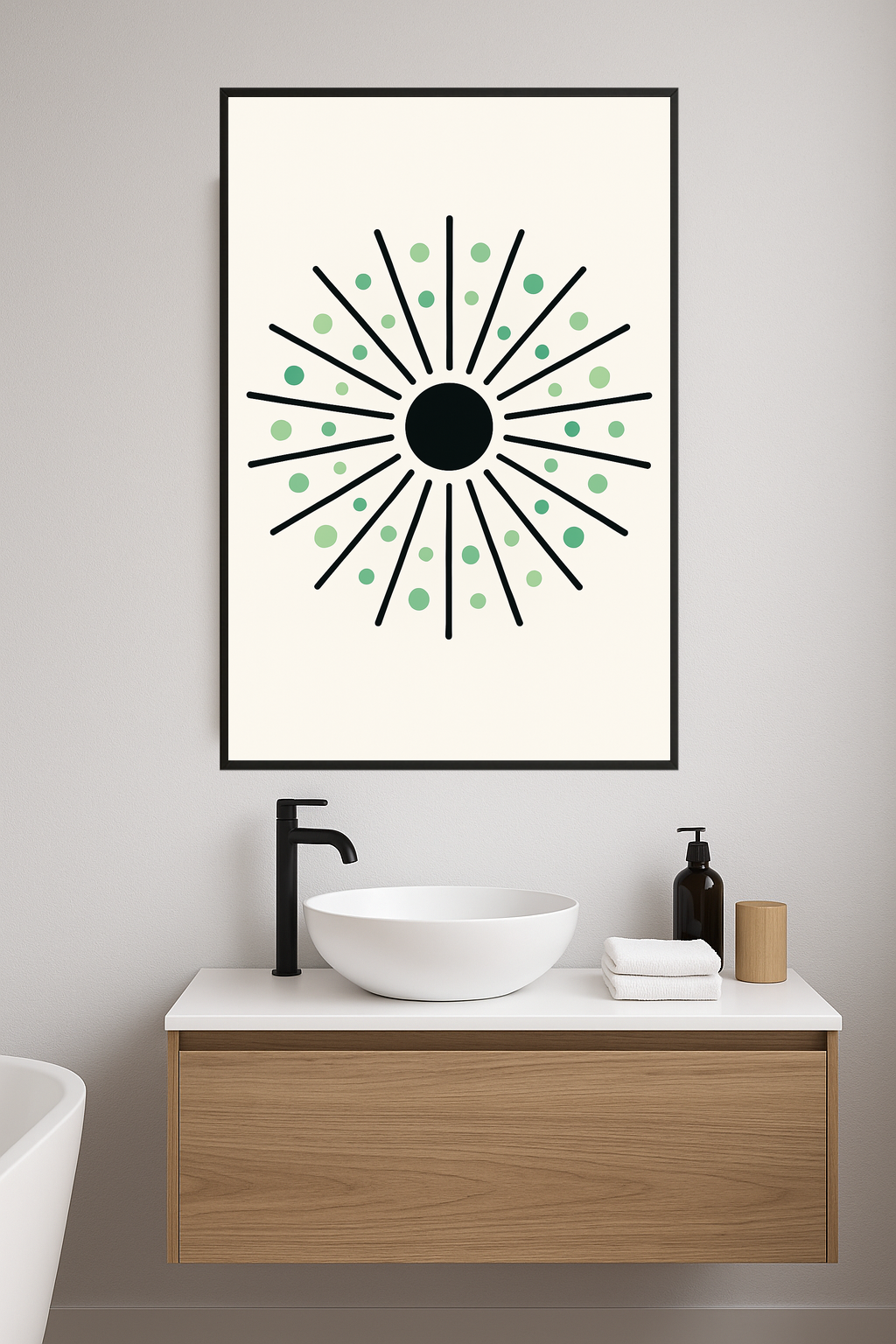 Black sunburst design with green dots on a light background.- lazienka