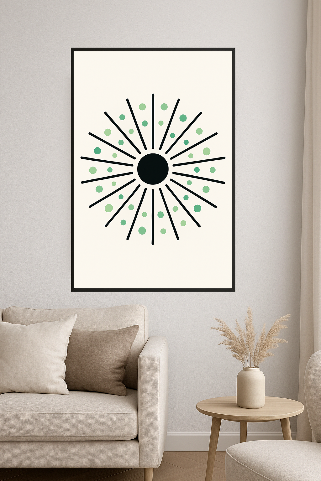 Black sunburst design with green dots on a light background.- salon