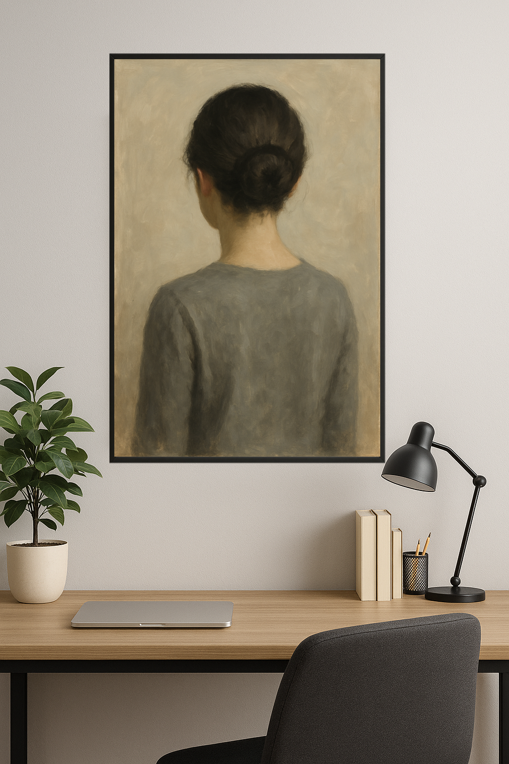 Back view of a woman with a bun wearing a gray top.- gabinet
