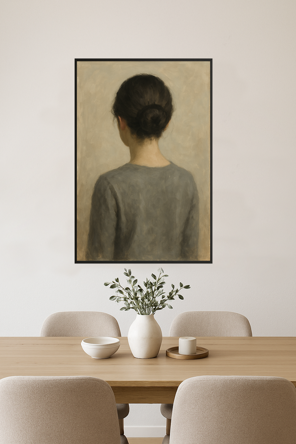Back view of a woman with a bun wearing a gray top.- jadalnia