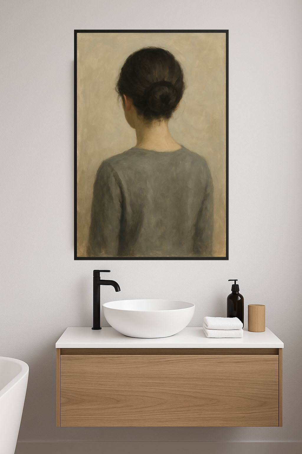 Back view of a woman with a bun wearing a gray top.- lazienka