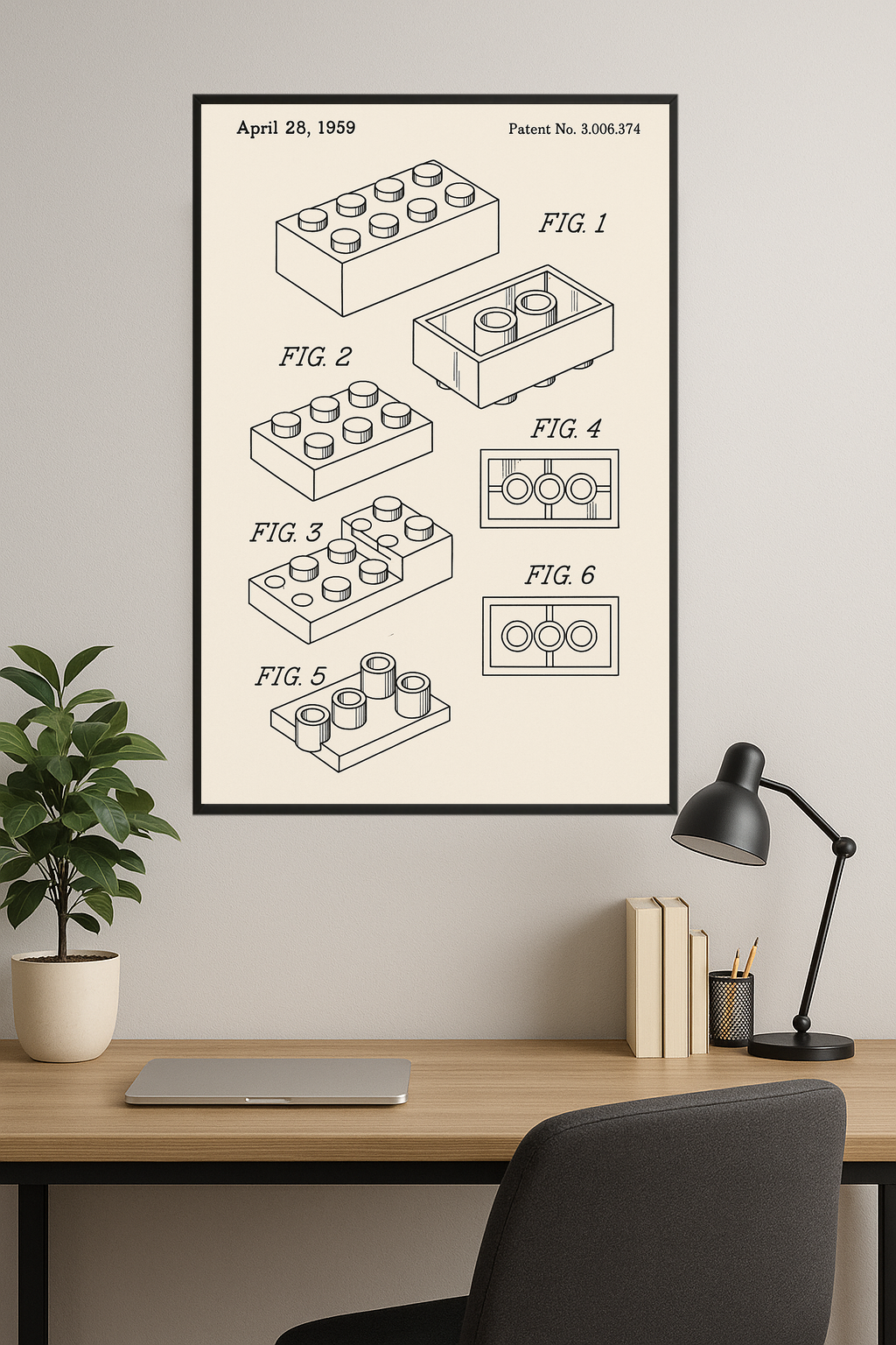 Patent drawing of a toy building brick with detailed illustrations.- gabinet