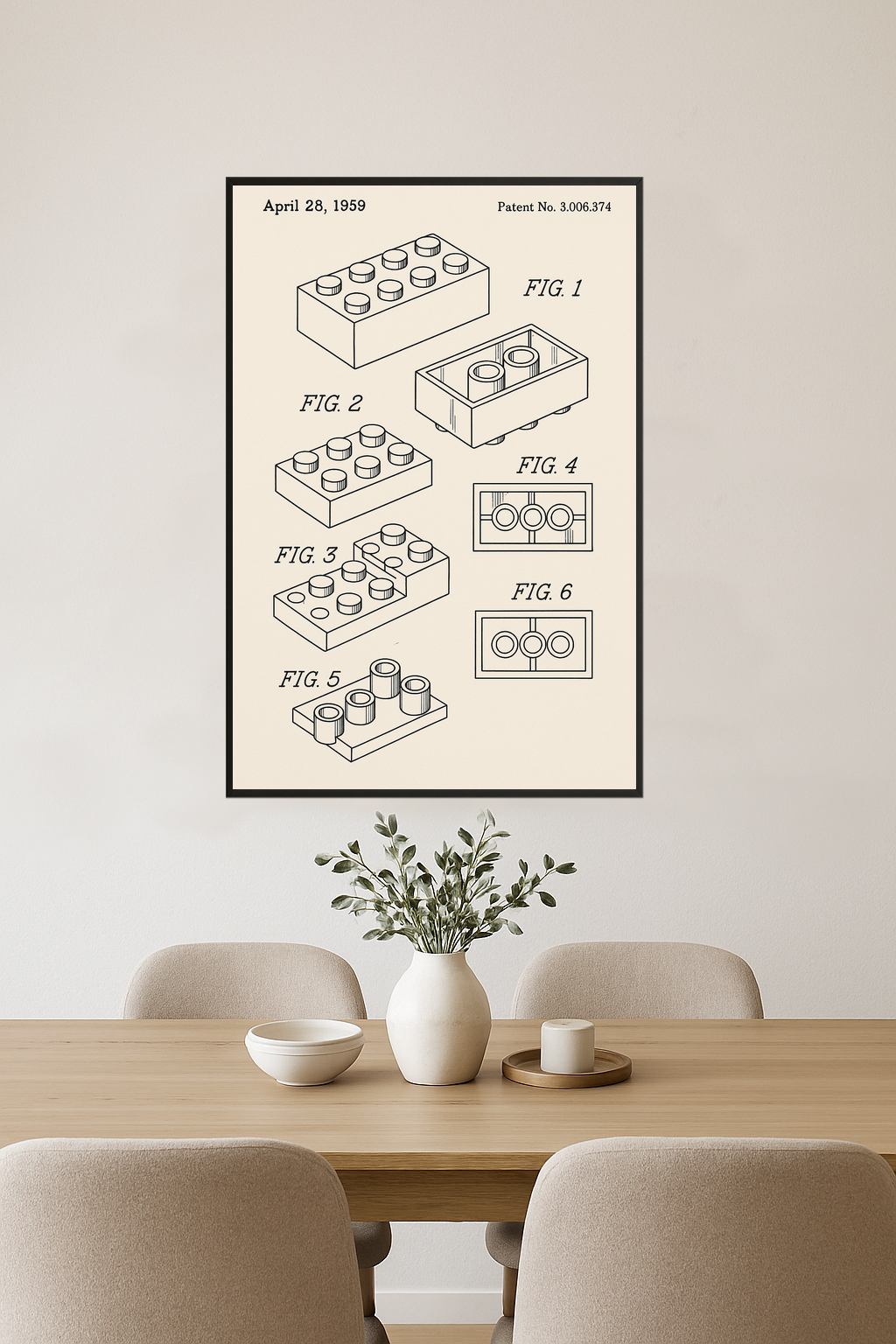 Patent drawing of a toy building brick with detailed illustrations.- jadalnia