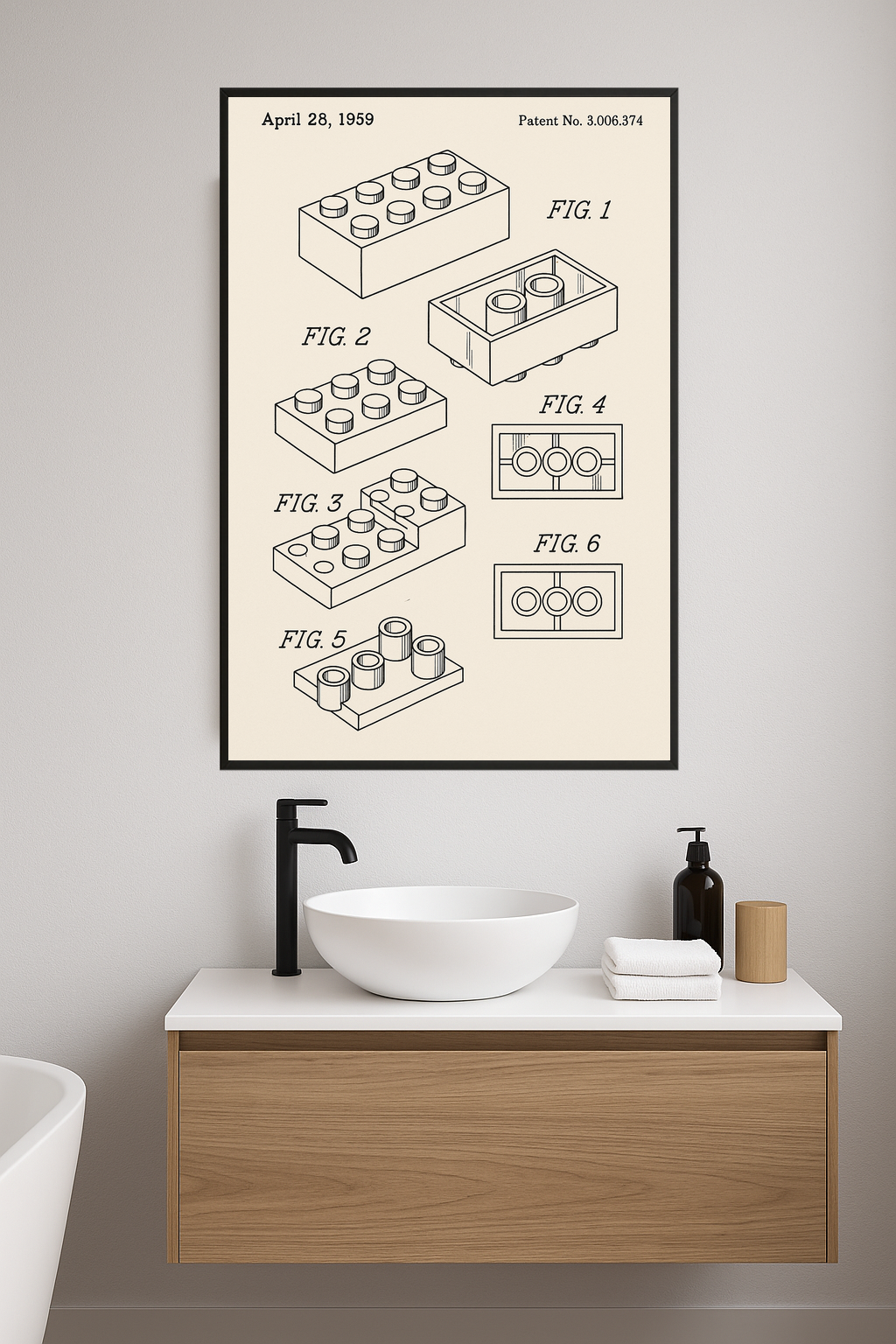 Patent drawing of a toy building brick with detailed illustrations.- lazienka