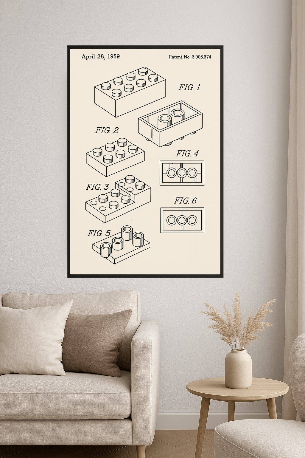 Patent drawing of a toy building brick with detailed illustrations.- salon