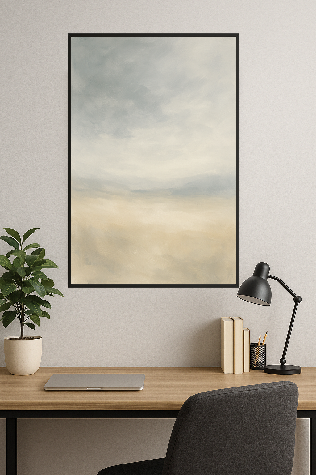Abstract landscape painting in soft gray, blue, and beige tones.- gabinet