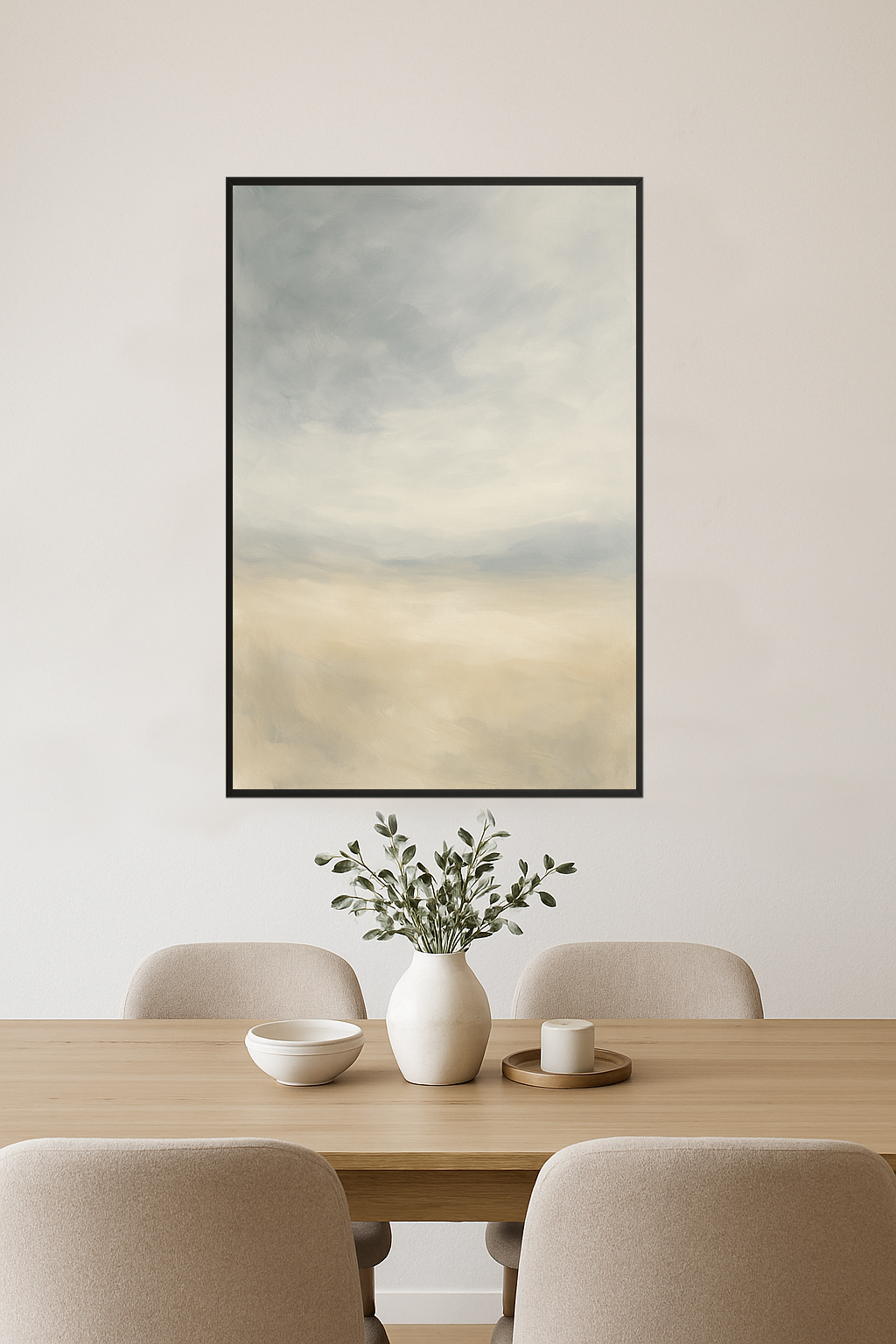 Abstract landscape painting in soft gray, blue, and beige tones.- jadalnia