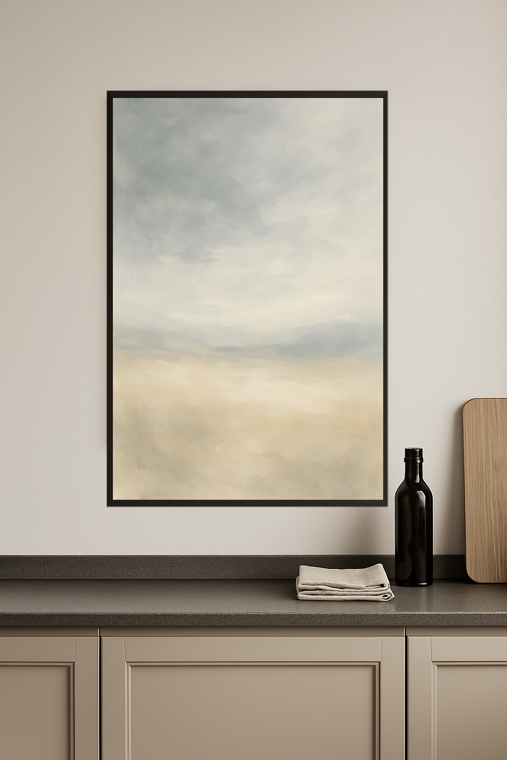 Abstract landscape painting in soft gray, blue, and beige tones.- kuchnia
