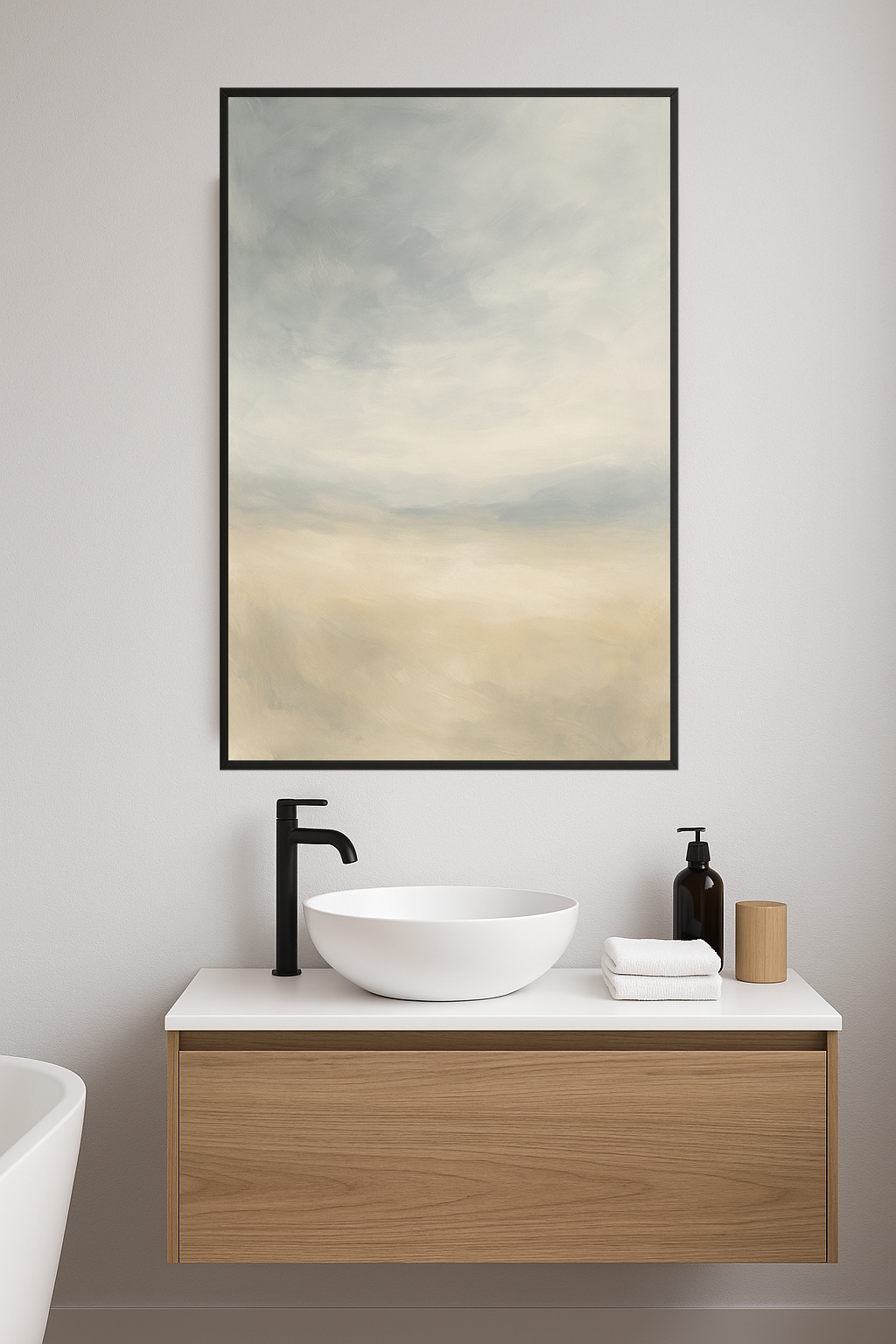 Abstract landscape painting in soft gray, blue, and beige tones.- lazienka