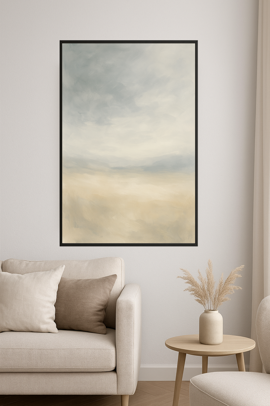 Abstract landscape painting in soft gray, blue, and beige tones.- salon