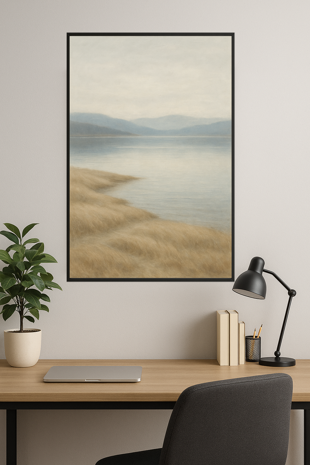 Serene watercolor landscape with water, grass, and hills.- gabinet